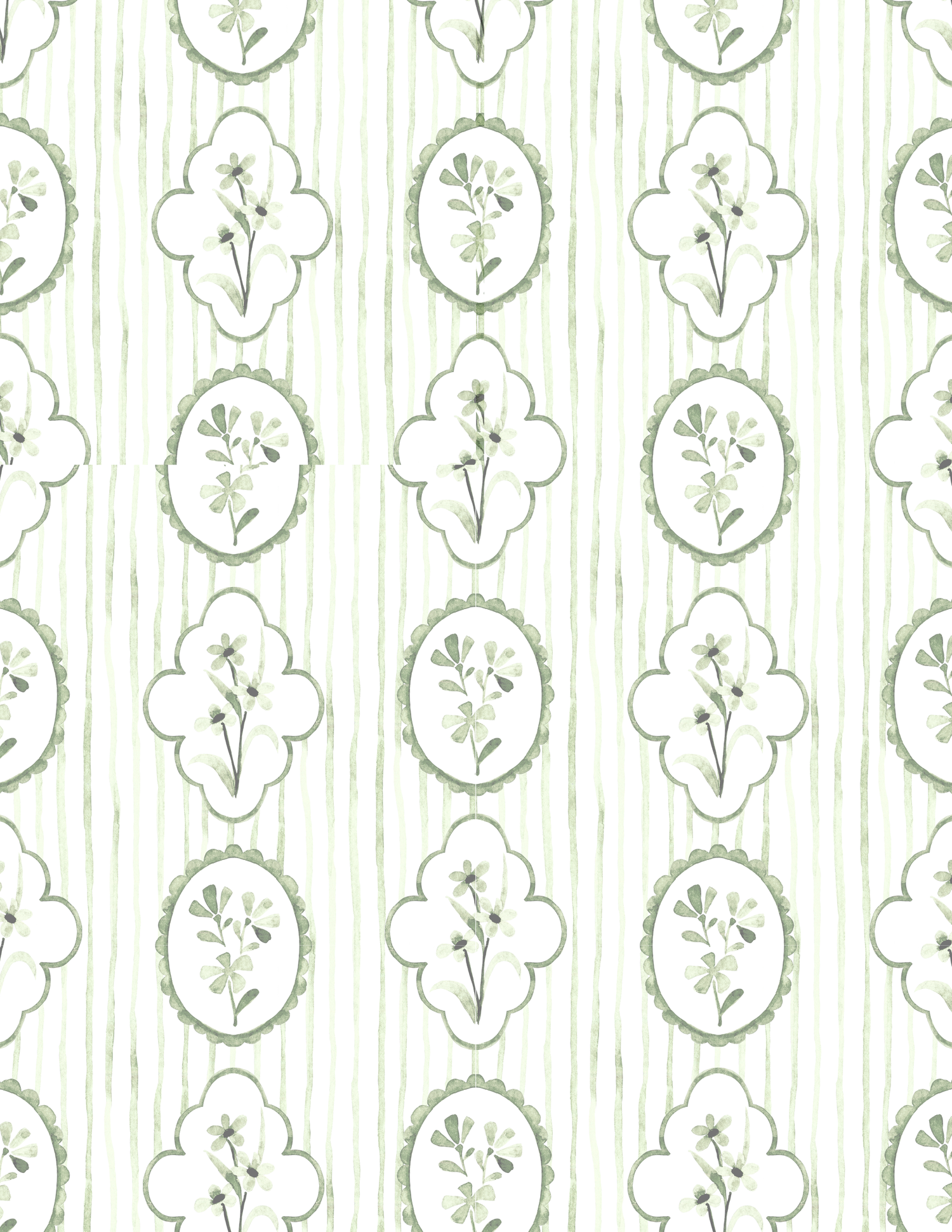 Elegant green and white botanical floral cameo repeat pattern on textured wallpaper background.