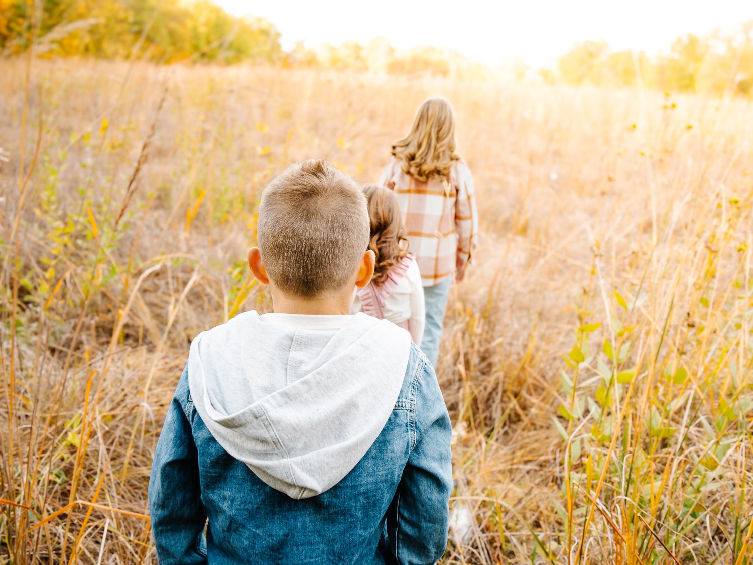 Three children walk through a golden autumn field, viewed from behind in casual outdoor clothing in the Minnesota fall.