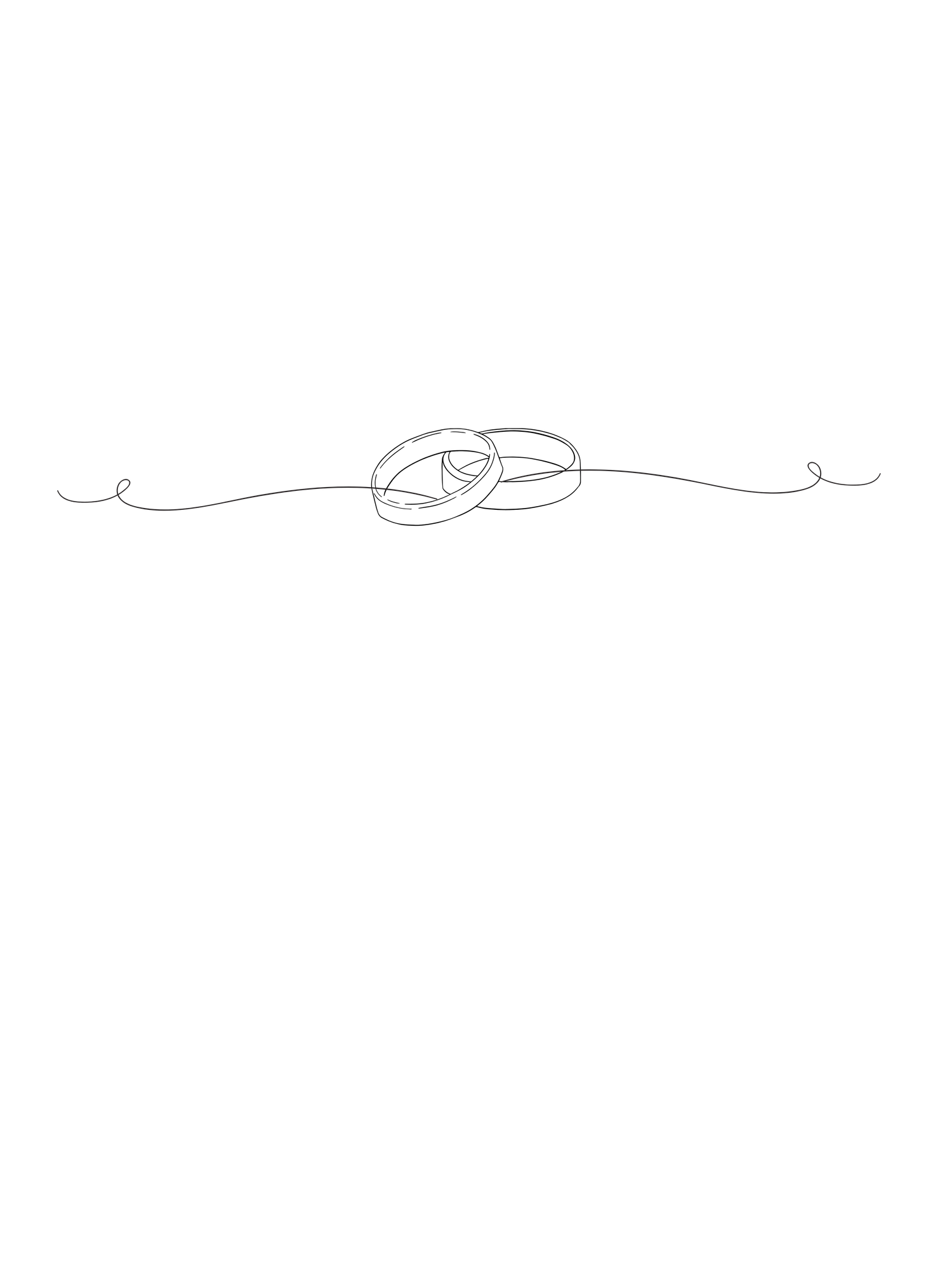 Continuous single line drawing of two intertwined wedding rings as an elegant horizontal divider element.