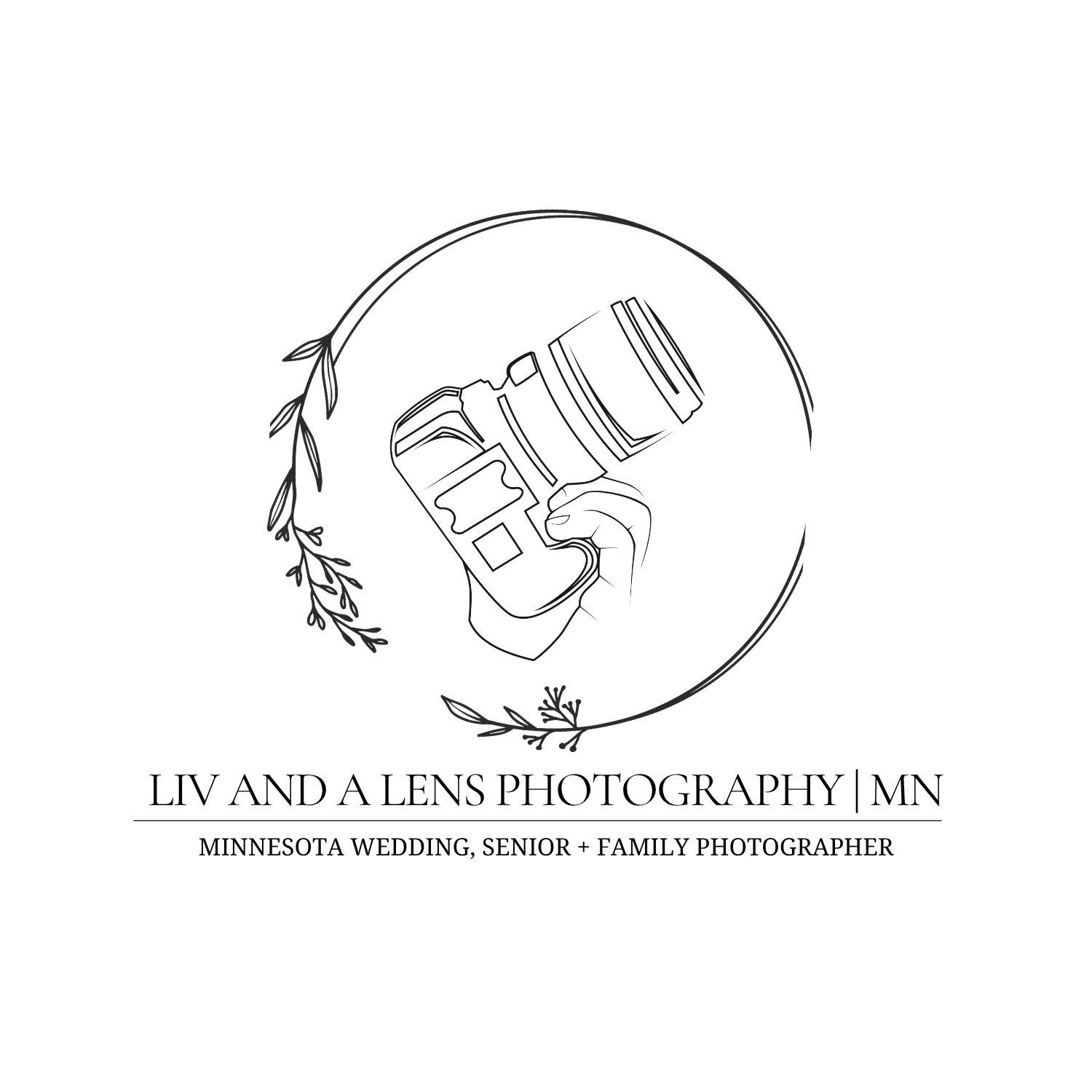 Logo for Liv and a Lens Photography MN featuring a camera illustration with floral accents for a Minnesota wedding photographer.