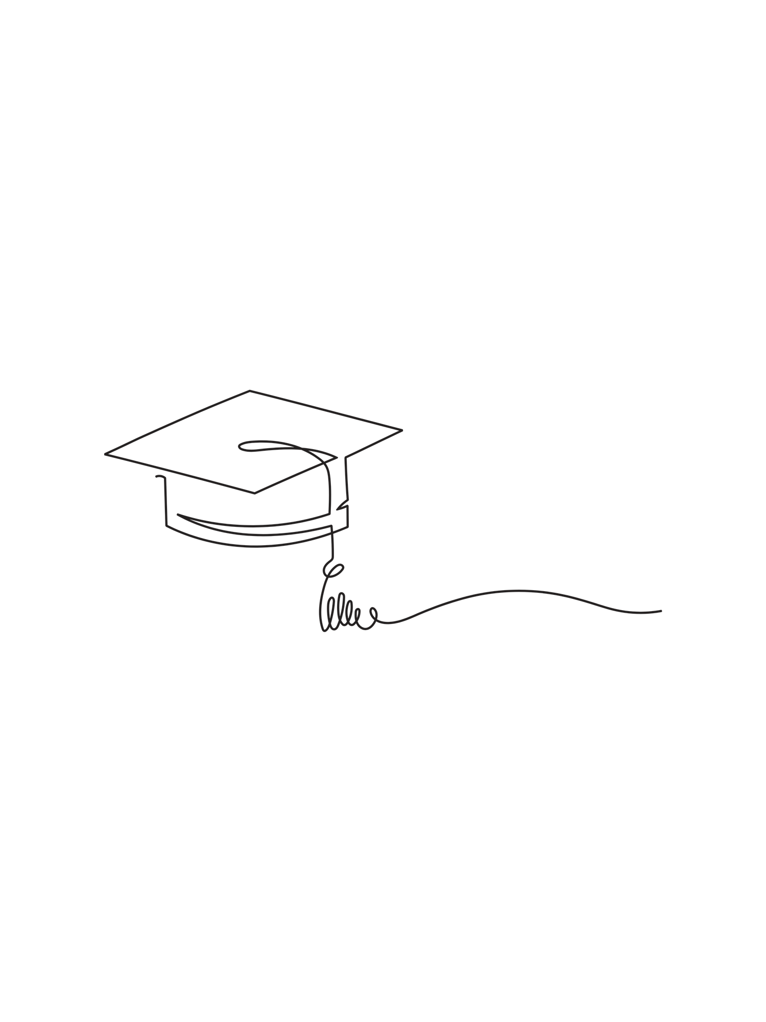Minimalist one line drawing of a graduation cap mortarboard with tassel on a white background.