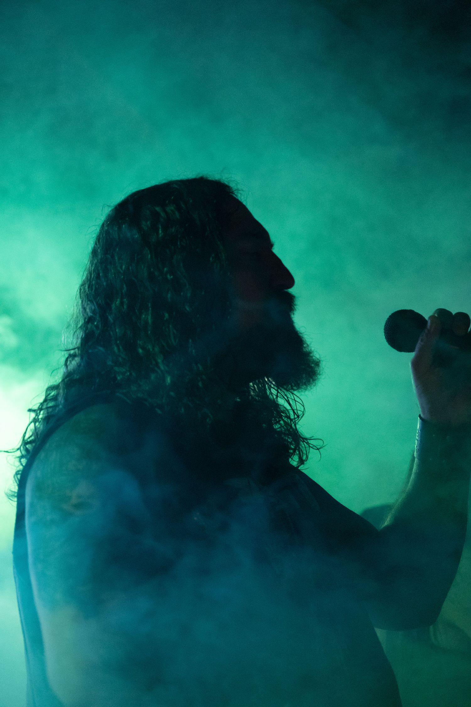 Silhouetted long-haired bearded vocalist sings into microphone on smoky green-lit stage.