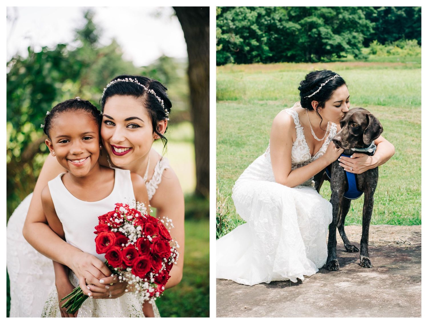 collage of bride with her flower girl and red roses, bride kissing her dog
