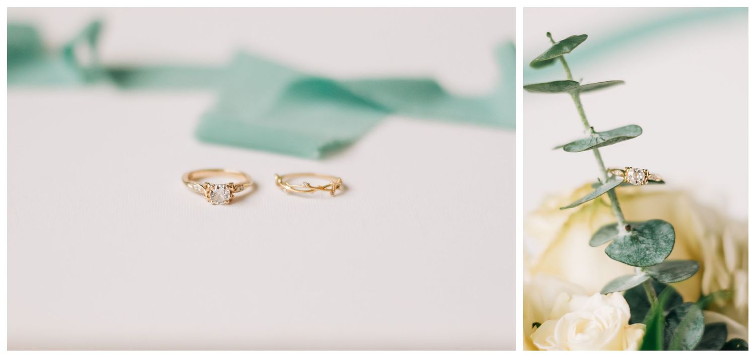 gold rings, green ribbon, eucalyptus