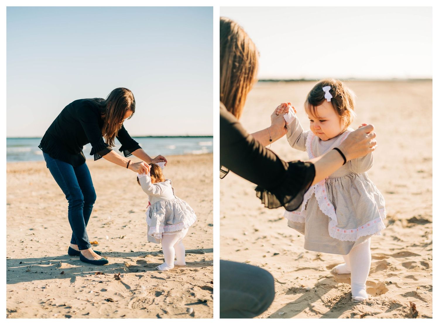 two photos of mother helping baby girl walk in the sand at a beach