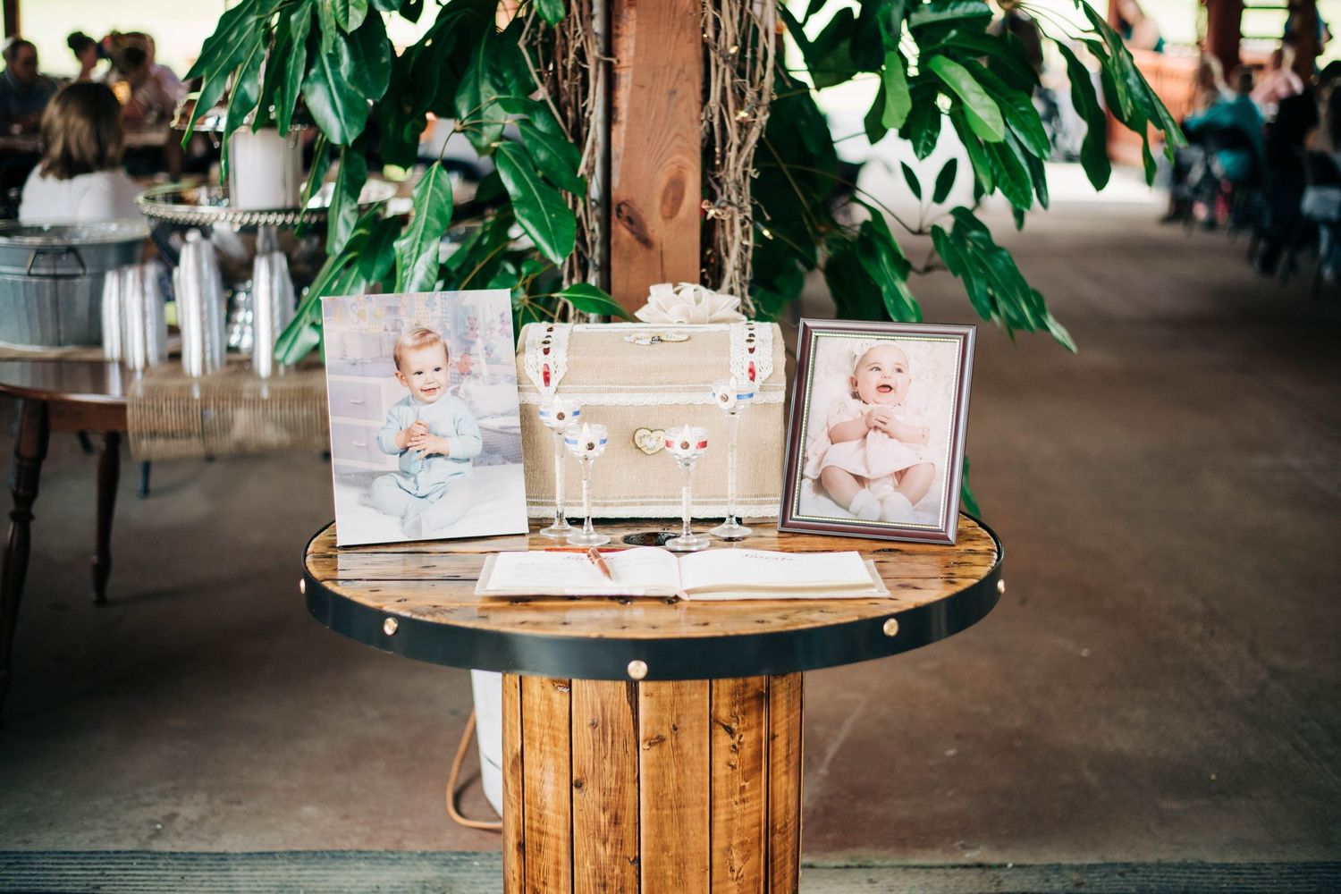 wedding card box with baby photos of bride and groom