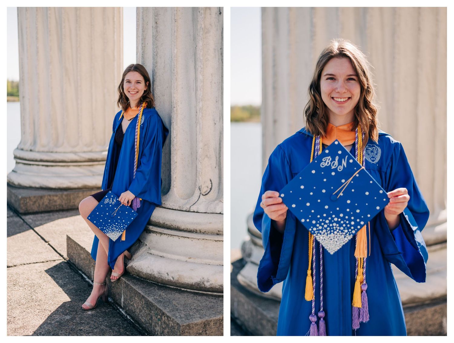 female college graduate wearing blue graduation gown with yellow cords