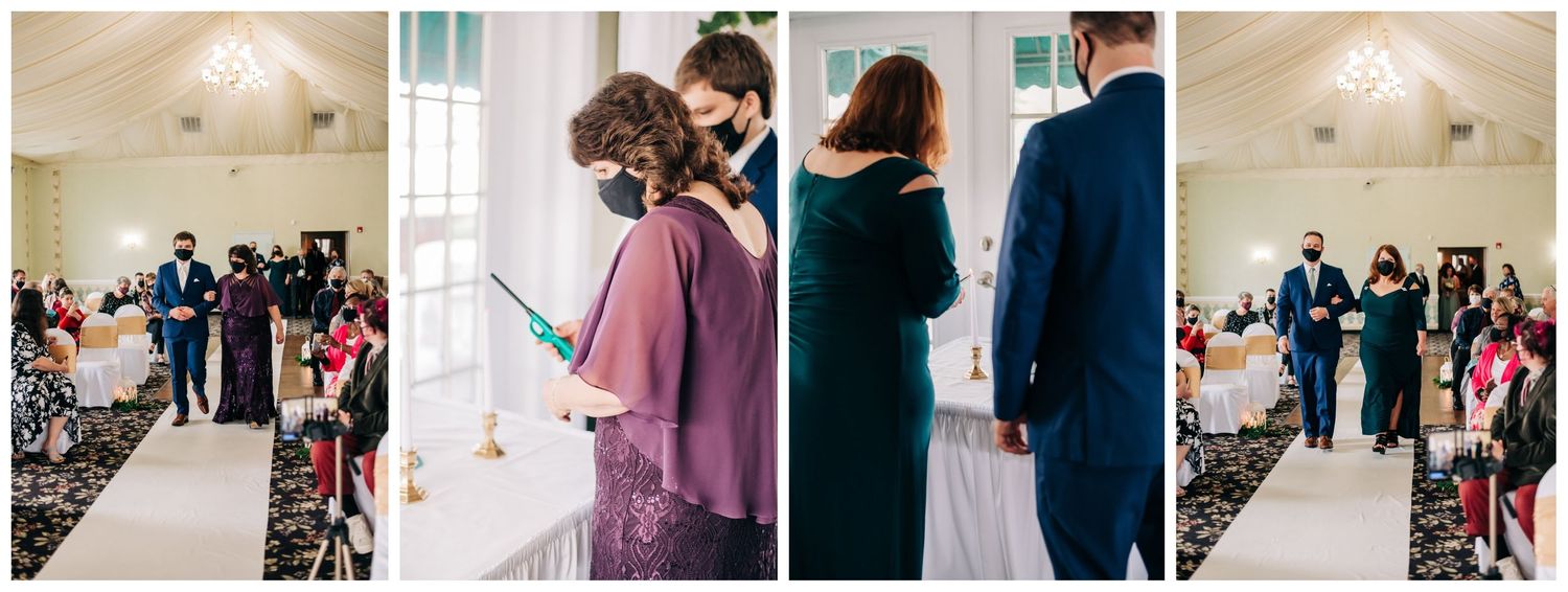 mothers of the bride and groom walking down the aisle, lighting candles
