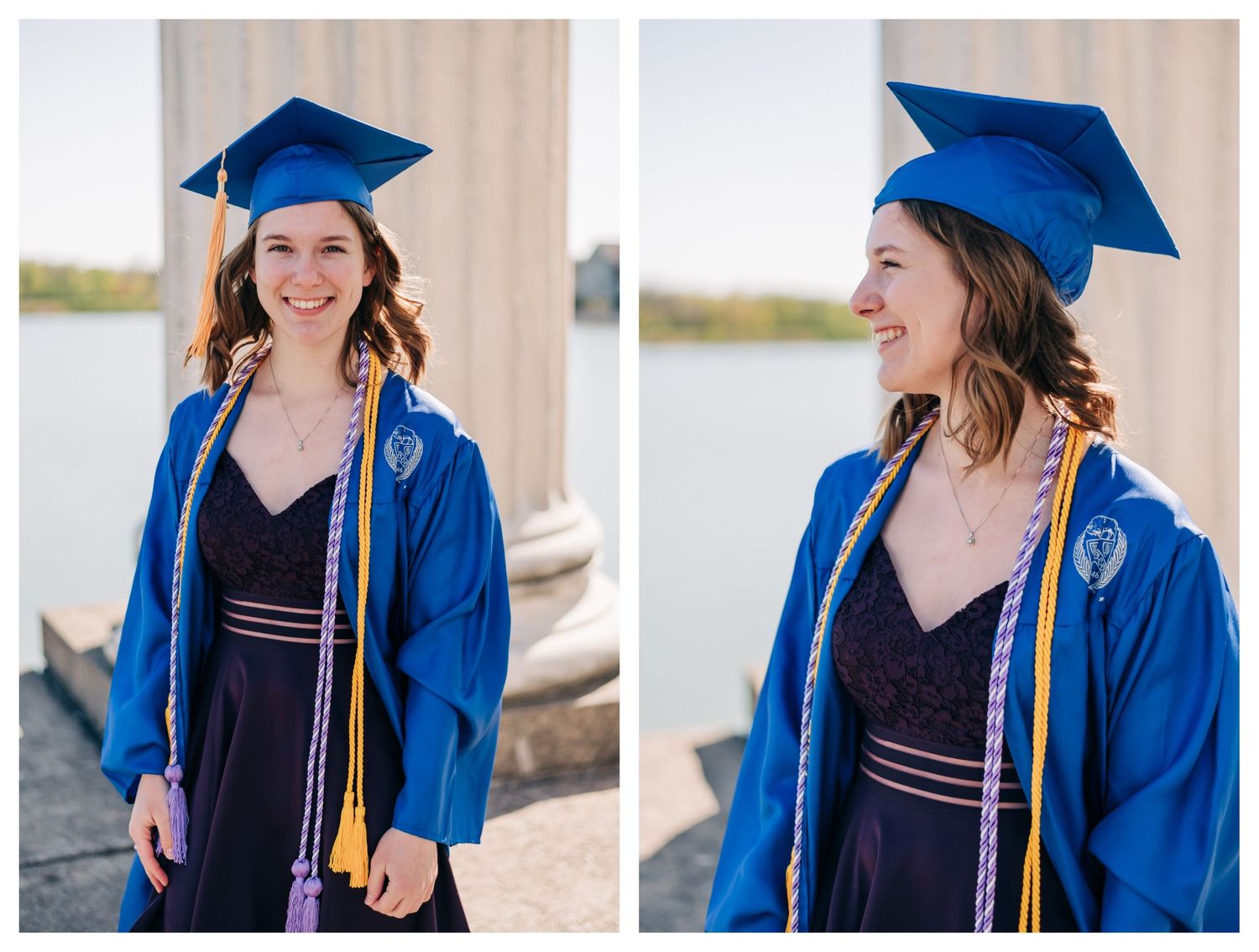 female college graduate wearing blue graduation gown with yellow cords