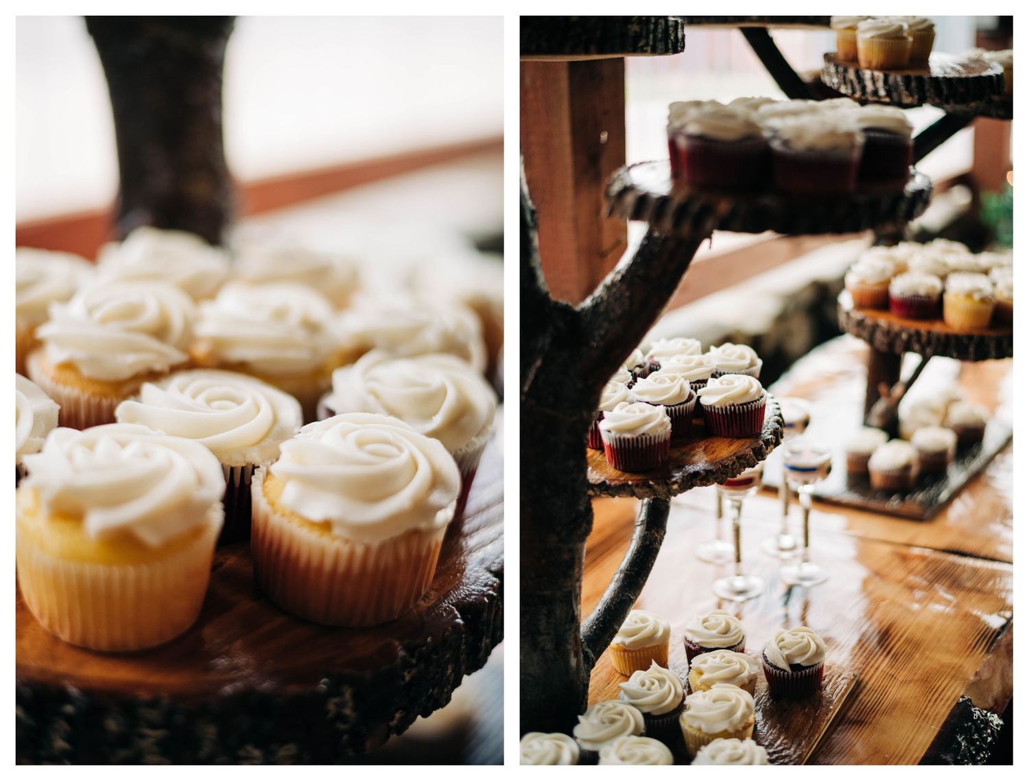 collage of photos of cupcakes on wooden stands