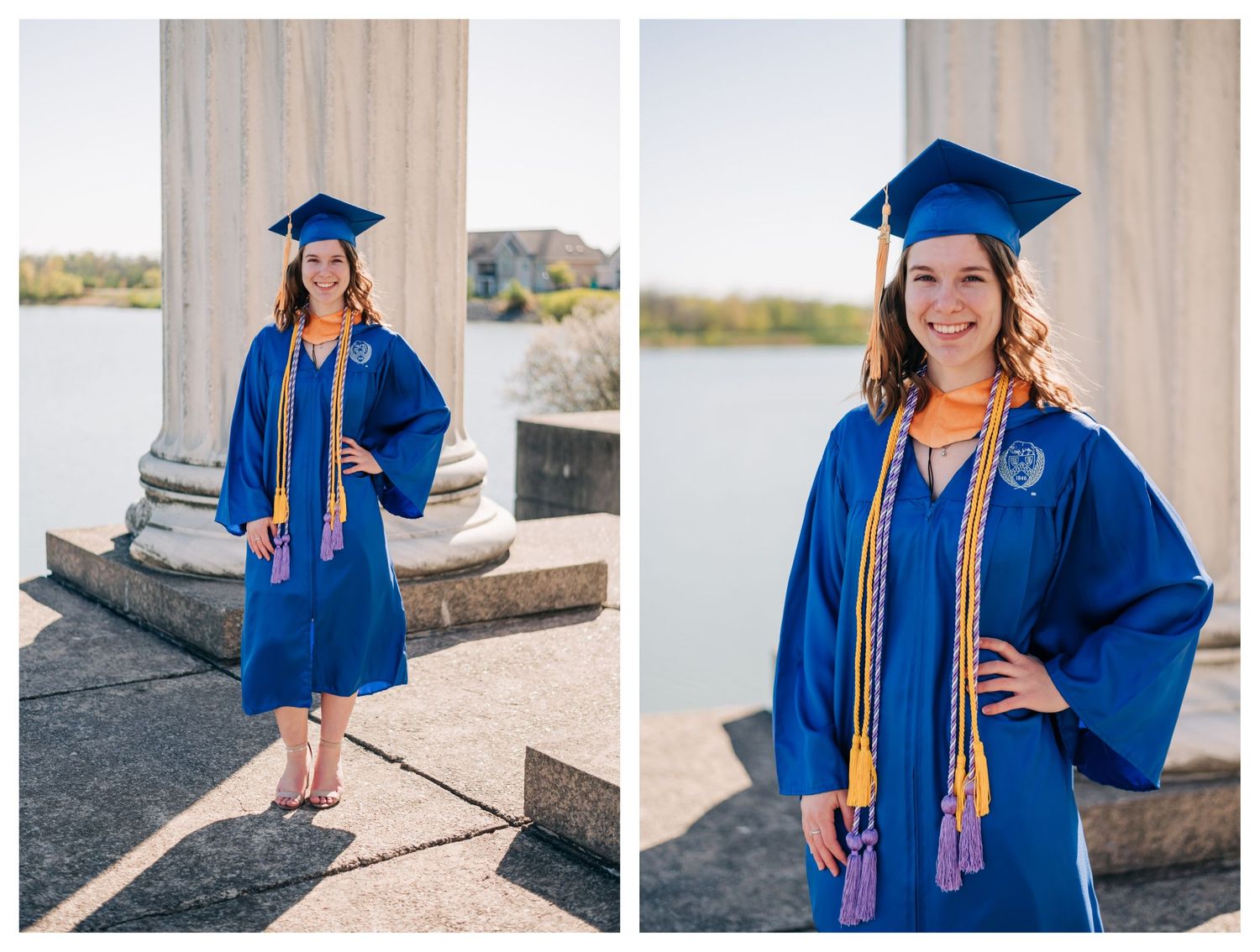 female college graduate wearing blue graduation gown with yellow cords
