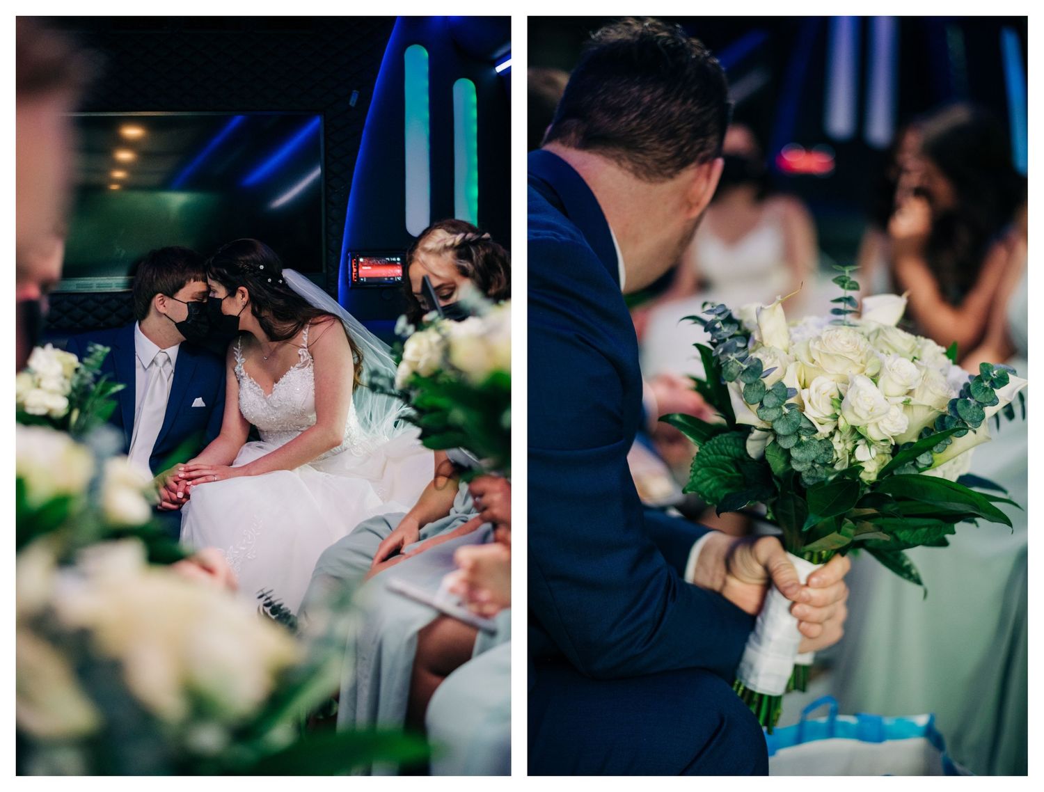bride and groom enjoying a moment together on the party bus, groomsman holds bride's bouquet