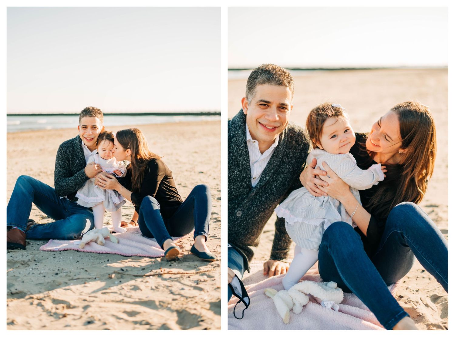 two photos of mother, father, and baby girl sitting in the sand at the beach