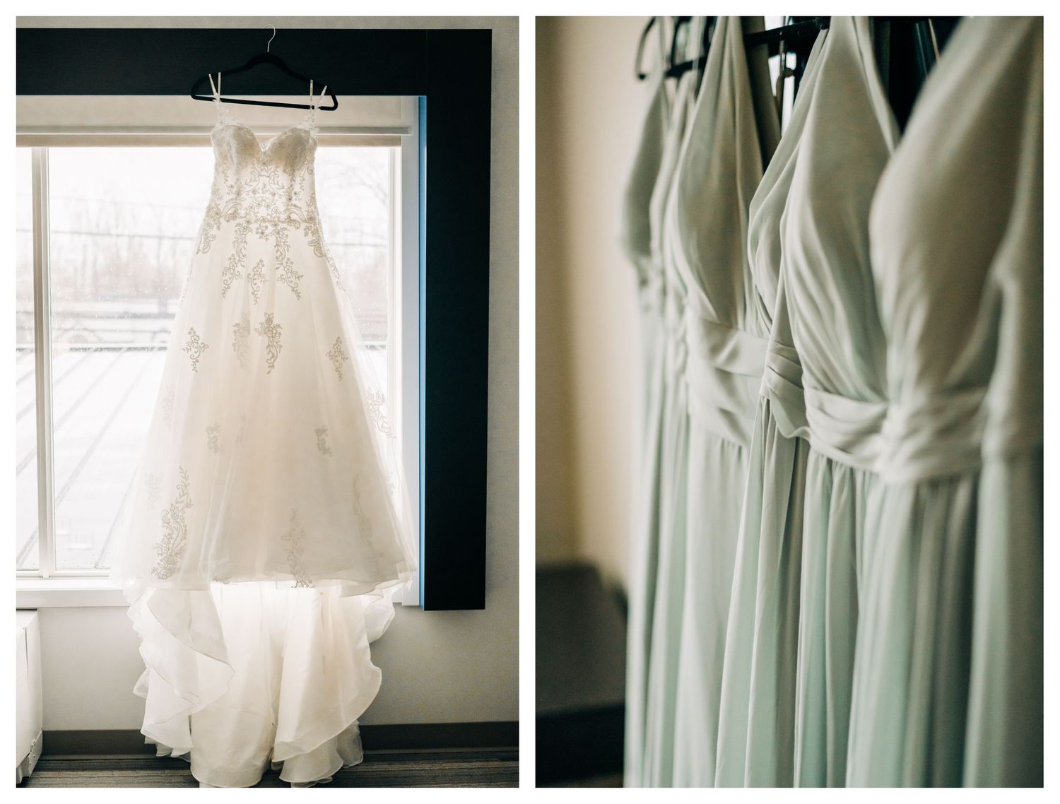 wedding dress hanging in window, green bridesmaid dresses hanging on hangers