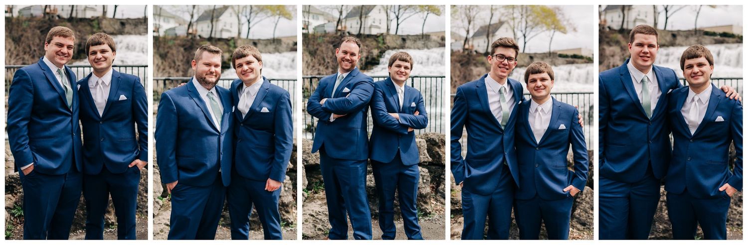 collage of groom and each of his groomsmen posing for portraits in front of a waterfall