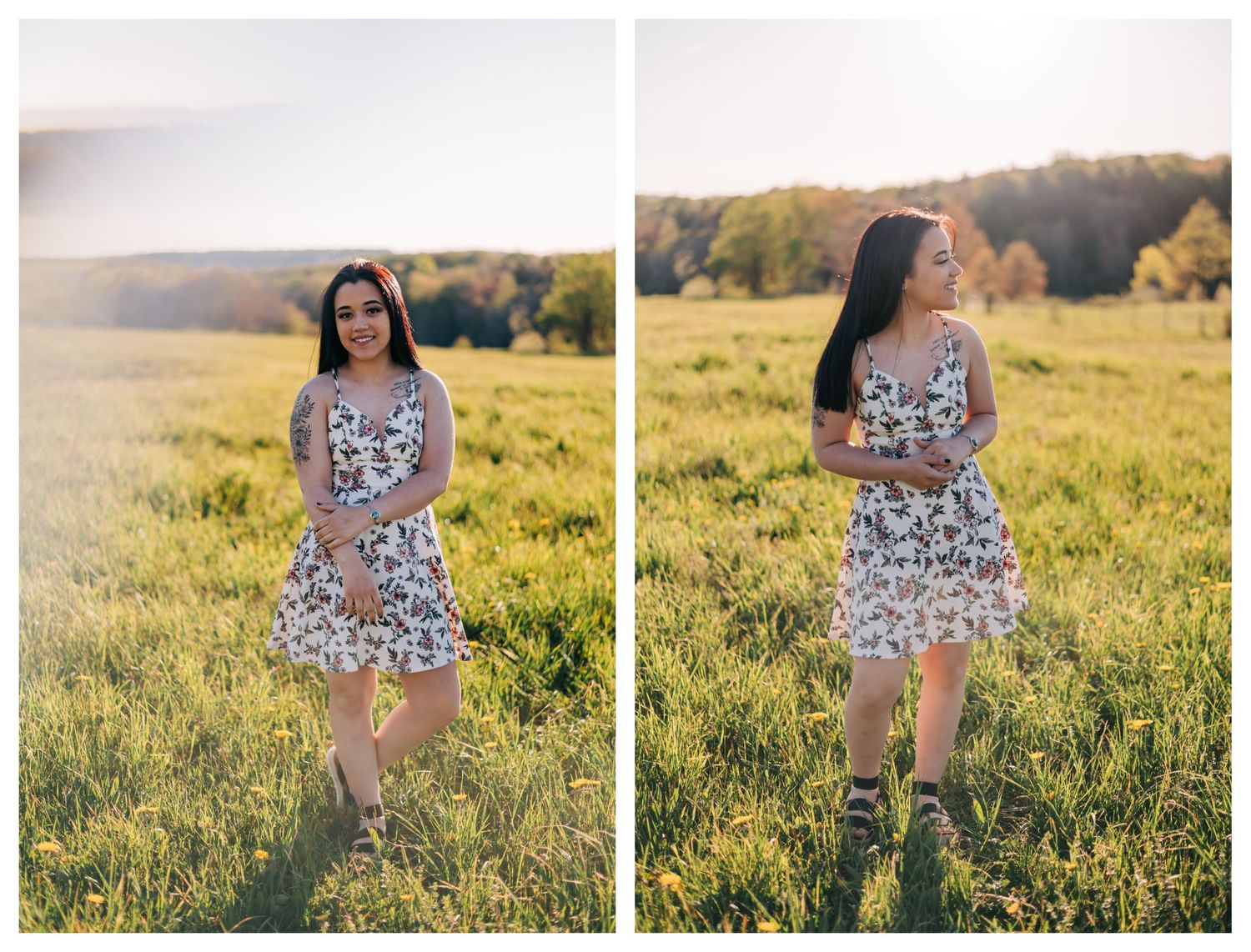 high school senior wearing a white dress standing in a hay field at sunset