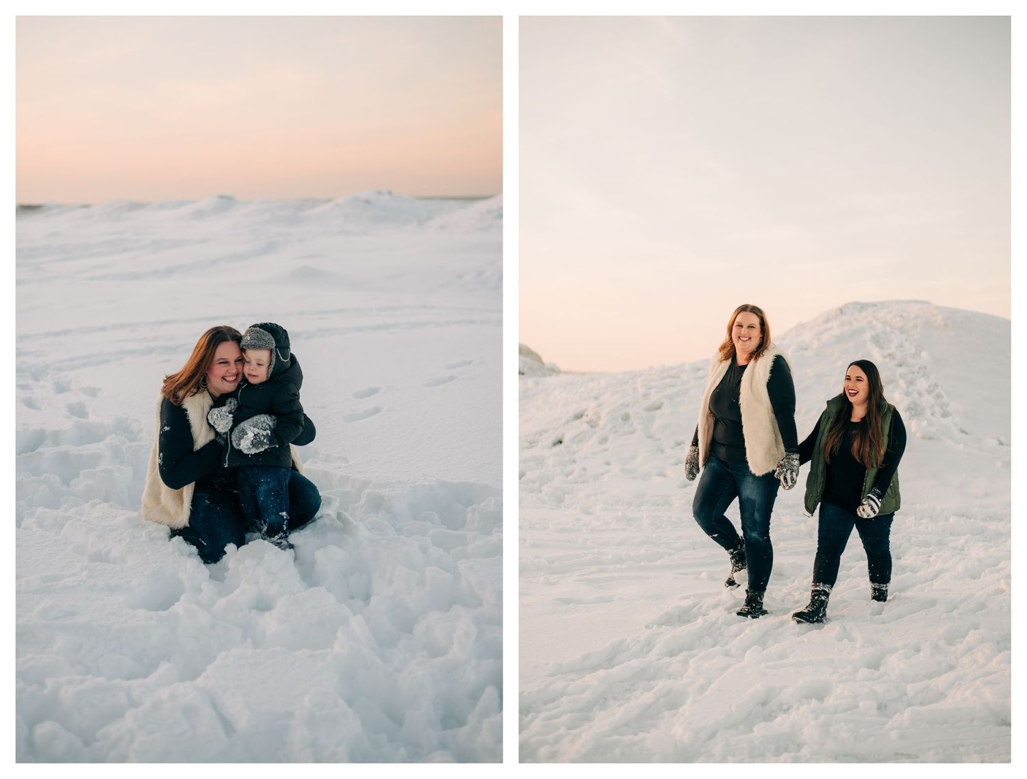 collage of a woman hugging a little boy and two adult sisters holding hands on a snowy beach at sunset