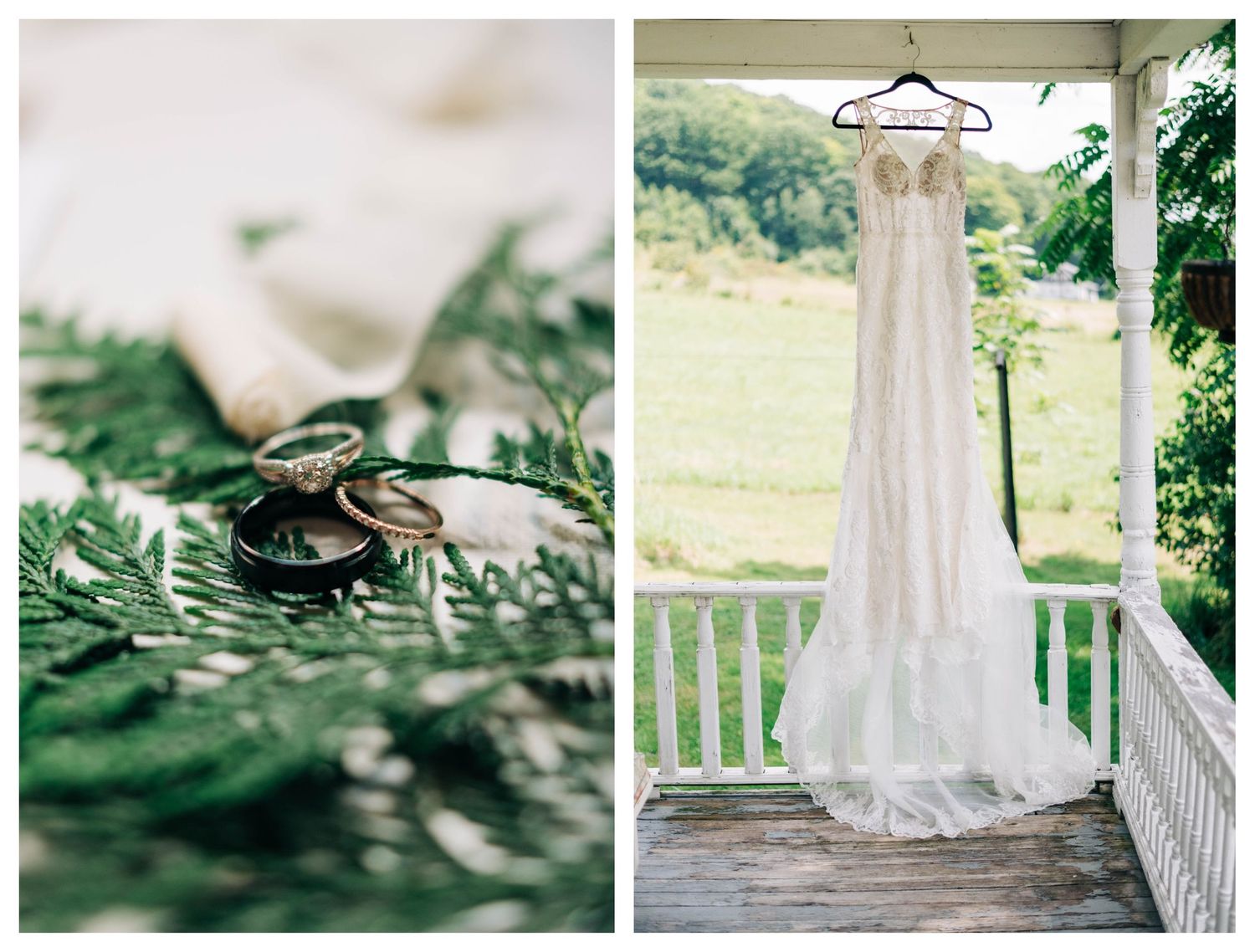 collage of close up photo of wedding rings, wedding dress hanging on a porch
