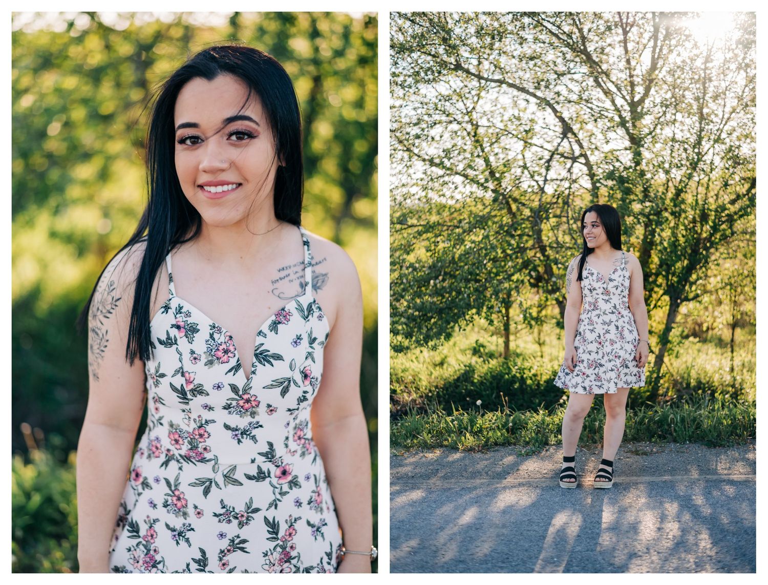 high school senior wearing a white dress standing on a dirt road
