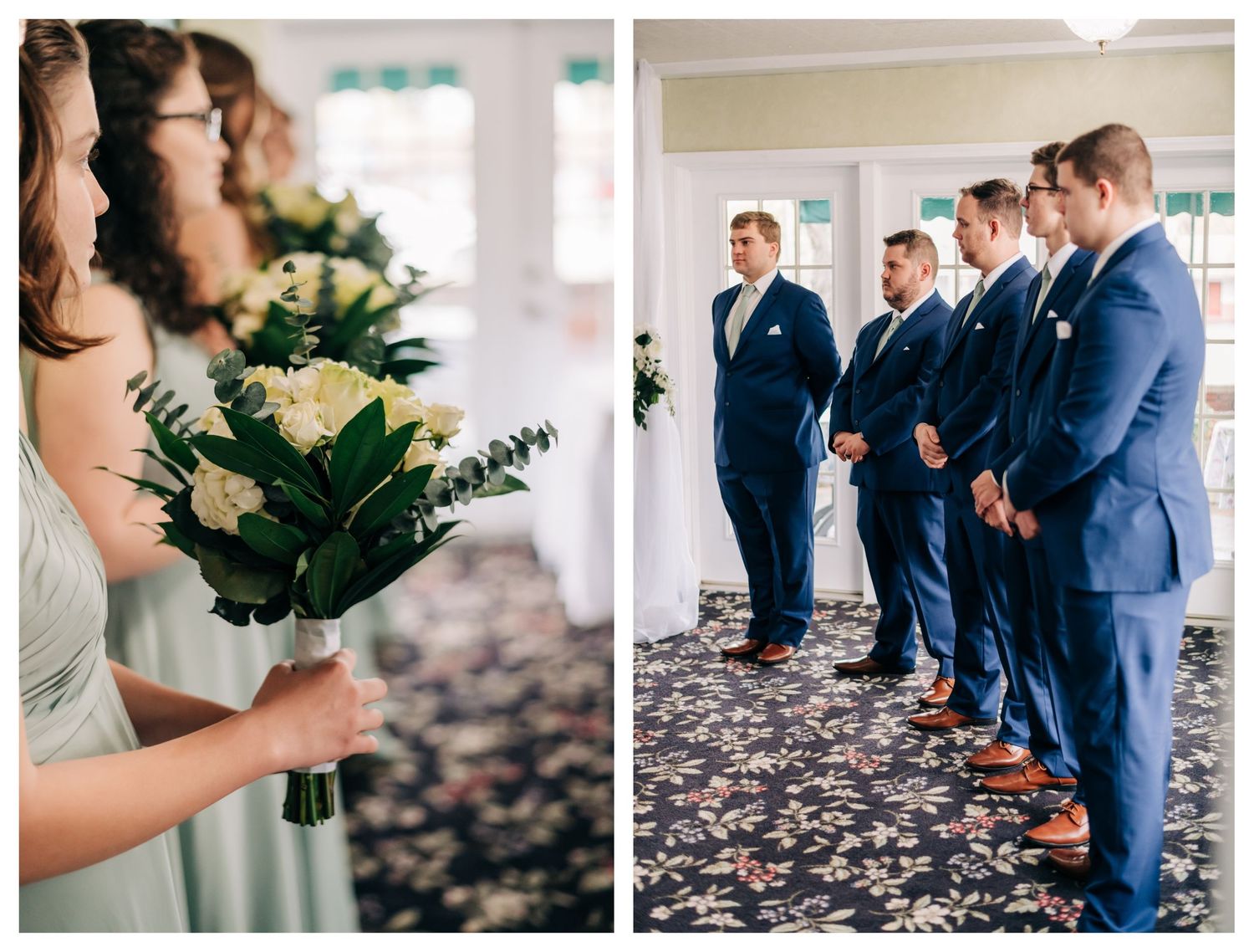 collage of bridesmaid's flowers, groomsmen at the front of the ceremony
