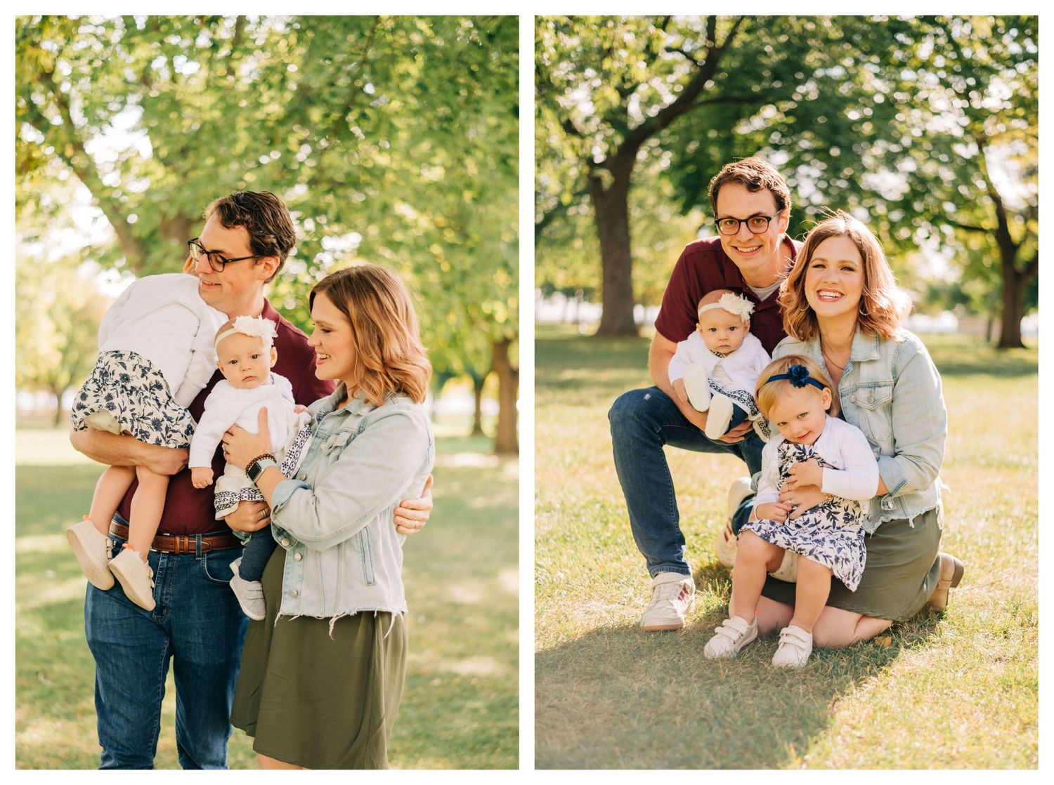 two photos of young family hugging and posing for a photo at a park
