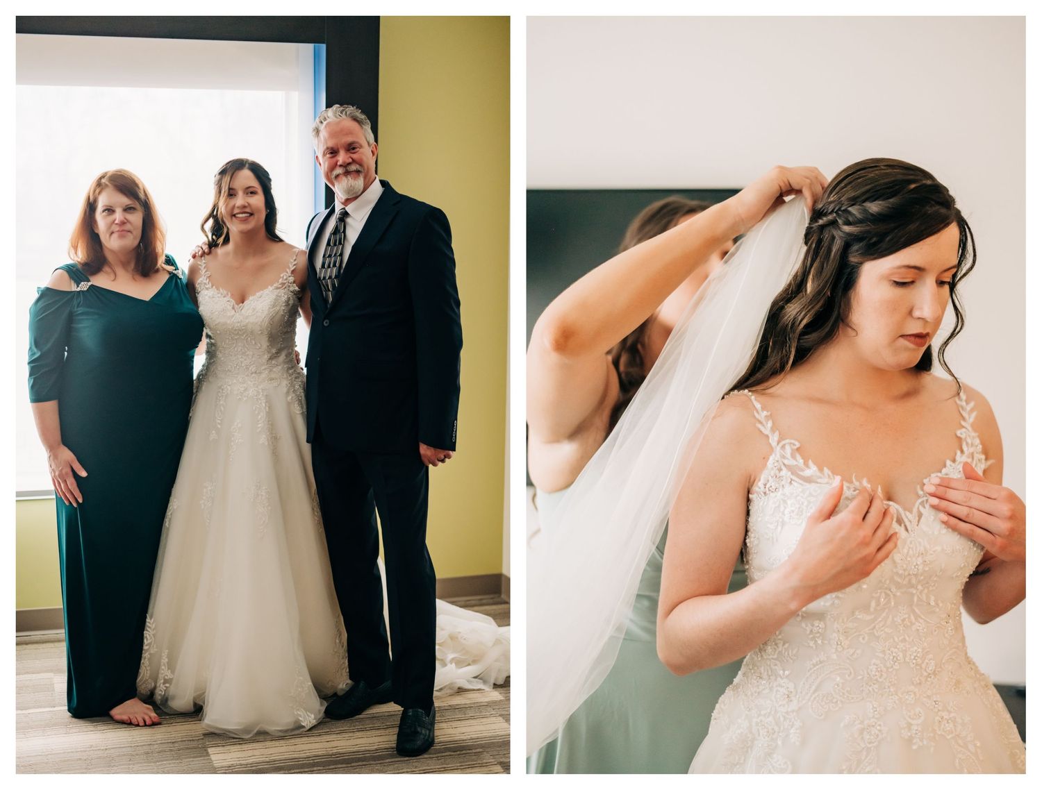 bride and parents, bridesmaid putting veil into bride's hair