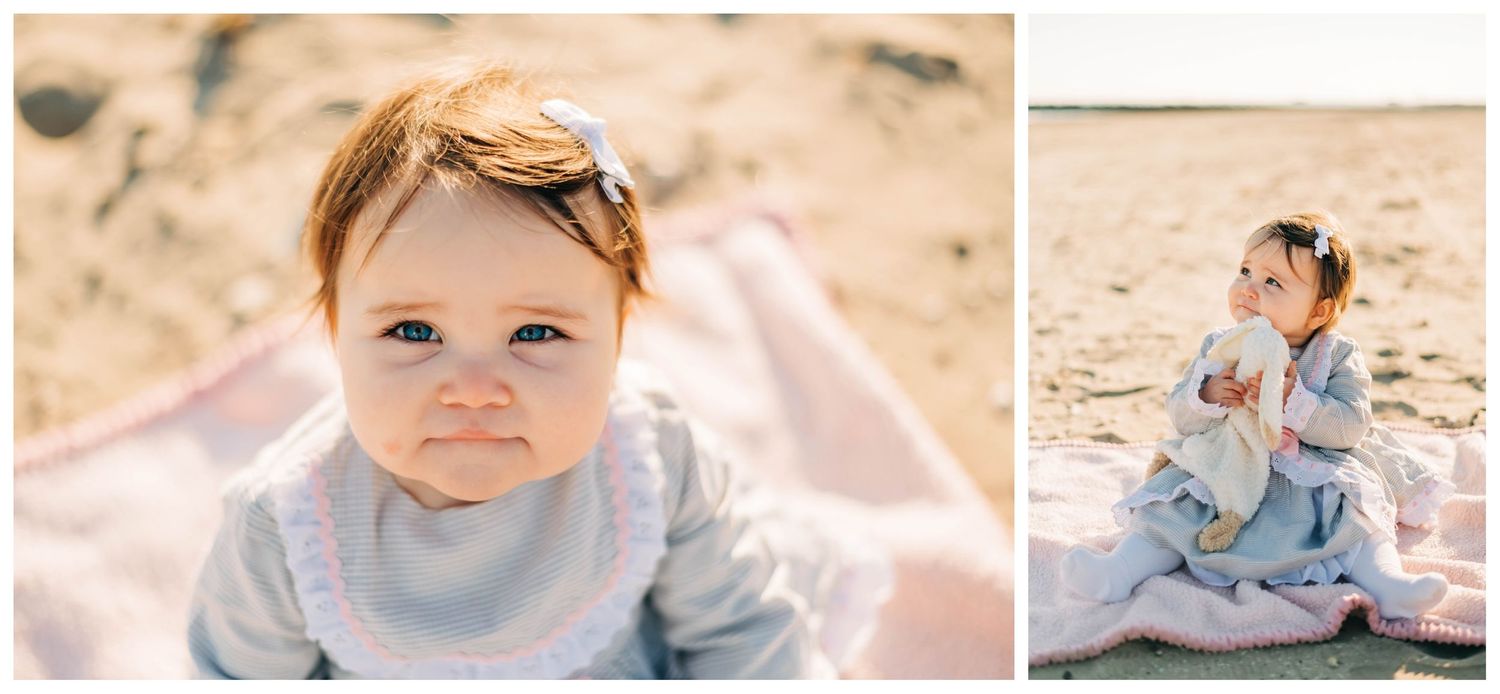 two photos of a baby girl in a blue dress sitting in the sand at a beach