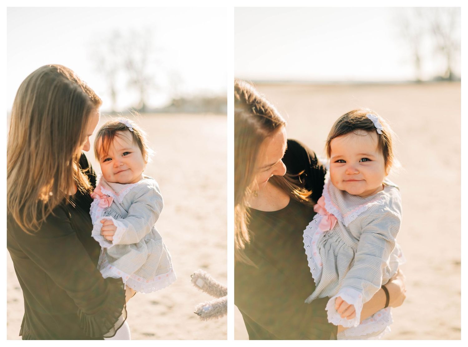 two photos of mother holding baby girl at a beach