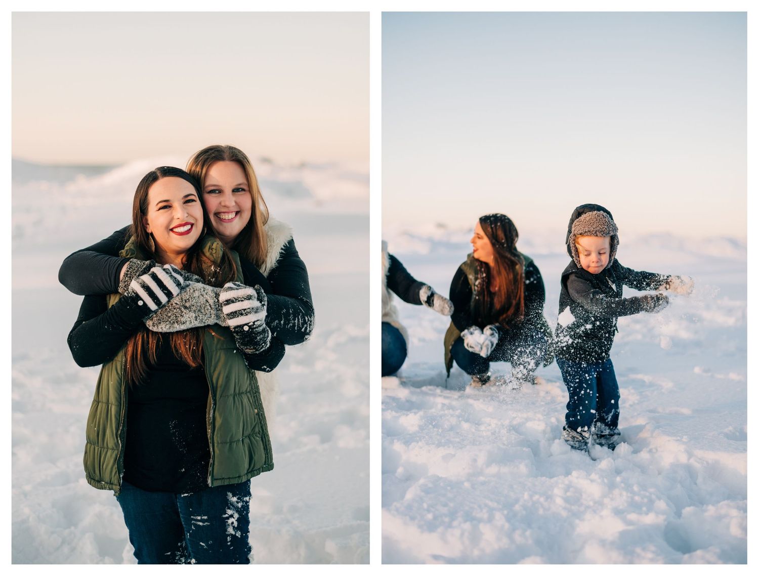 collage of two adult sisters hugging and a little boy throwing snow on a snowy beach at sunset