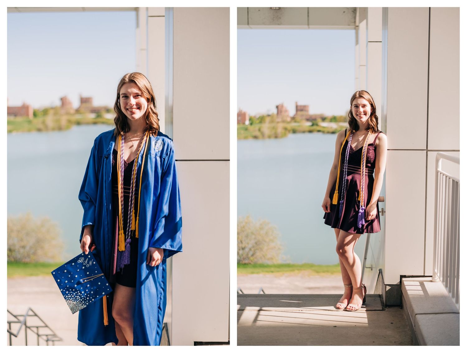 female college graduate wearing blue graduation gown with yellow cords