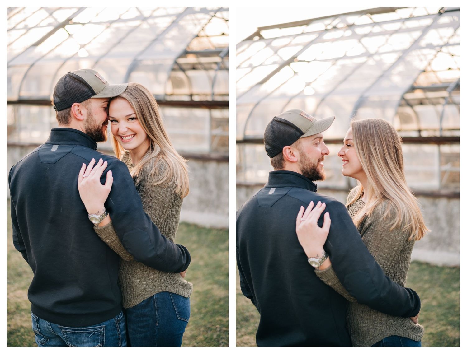 collage of engaged couple hugging in front of an abandoned greenhouse