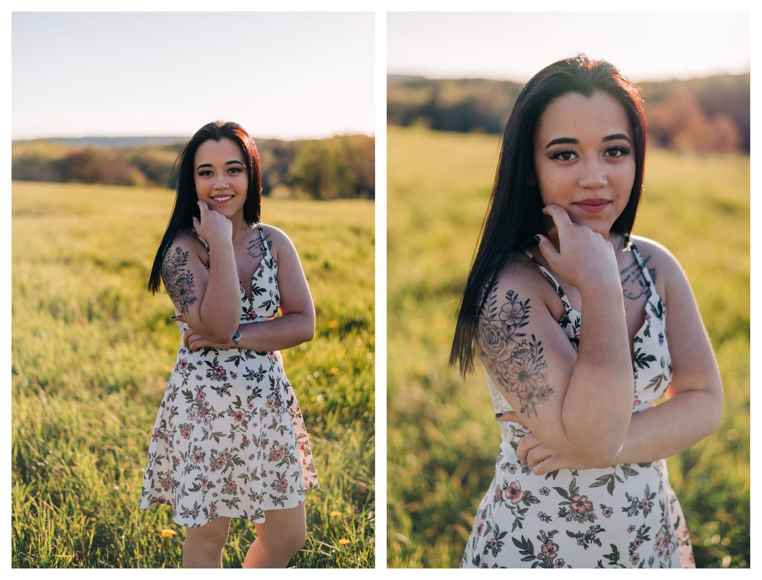 high school senior wearing a white dress standing in a hay field at sunset