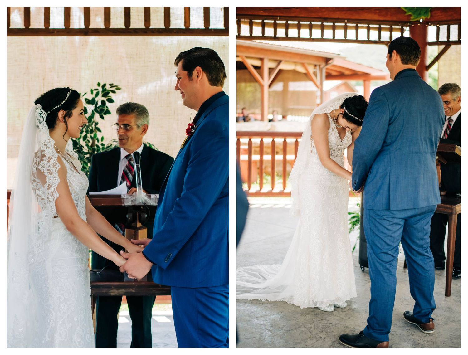 bride and groom holding hands at the altar with officiant in the background