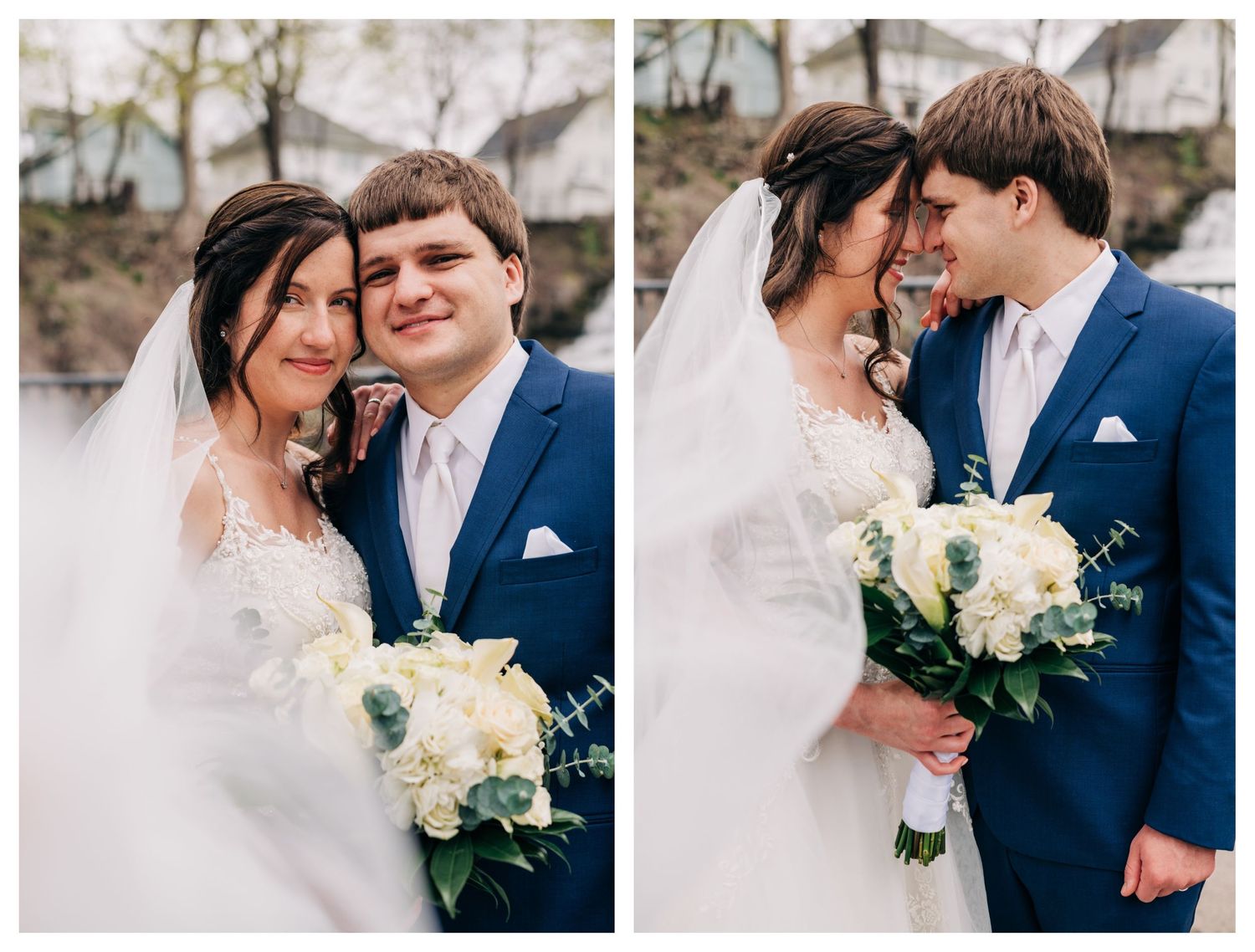 collage of bride and groom posing for portraits with veil blowing in the breeze