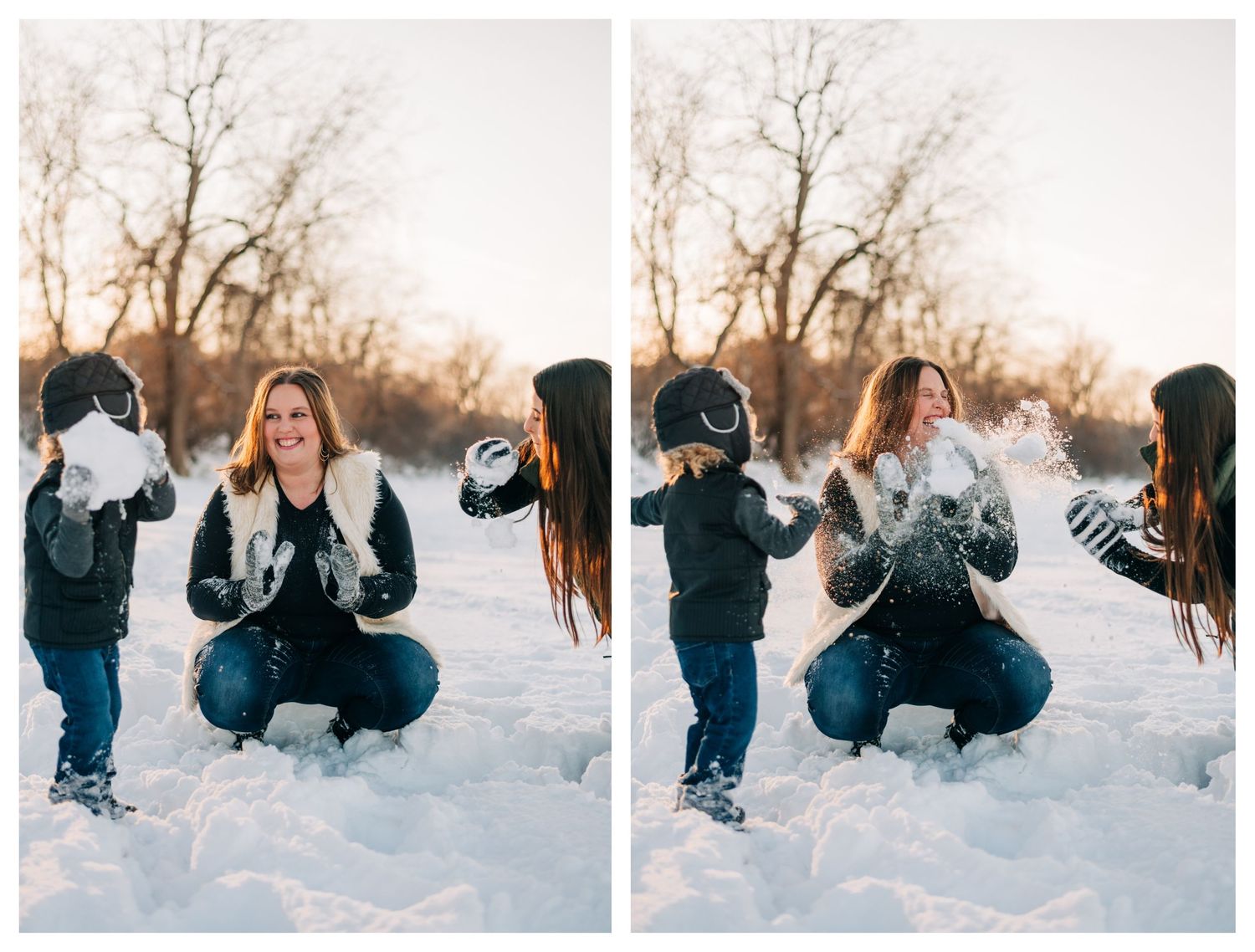 collage of a little boy throwing a snowball at a woman