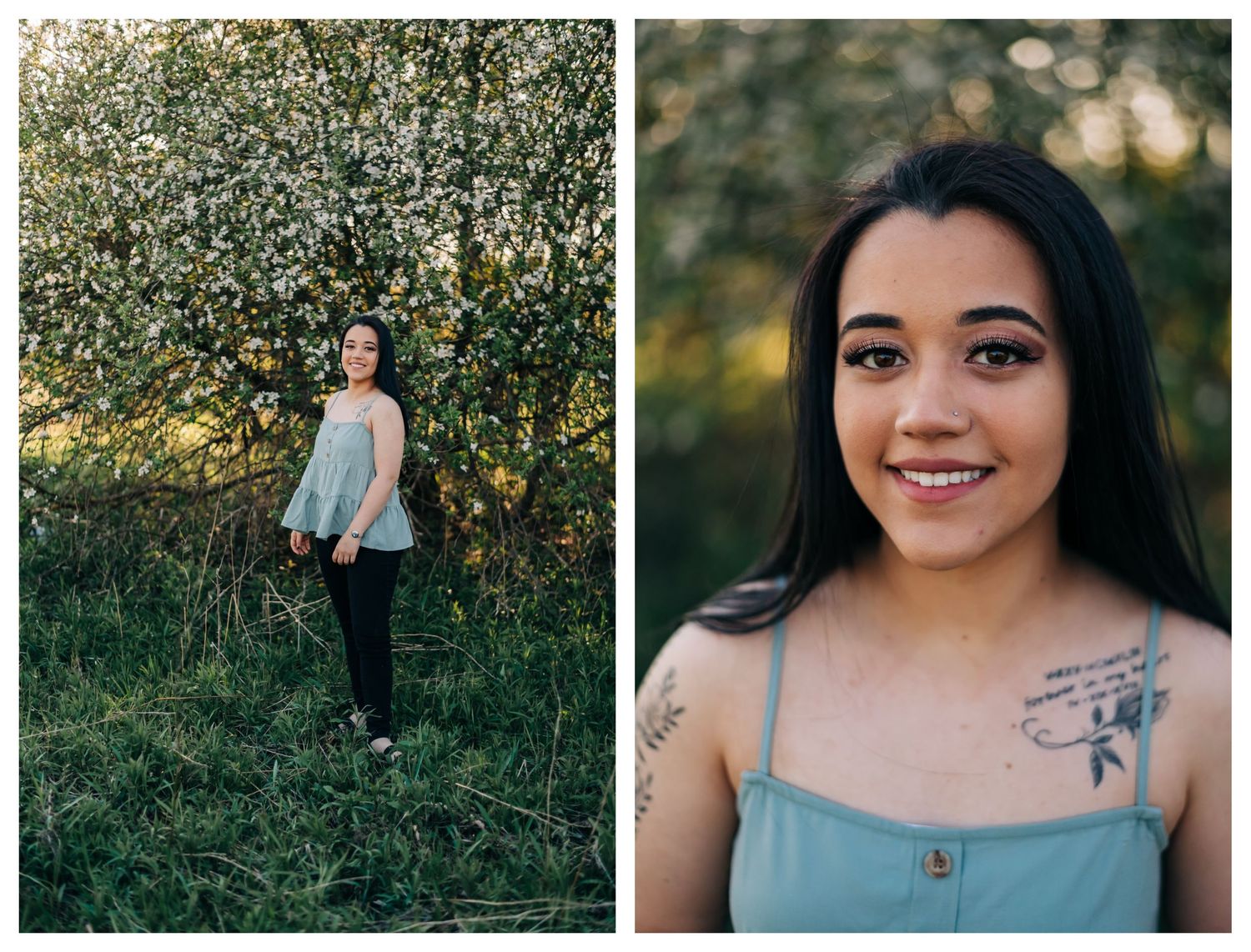 collage of high school senior wearing a blue tank top standing in front of a blossoming apple tree