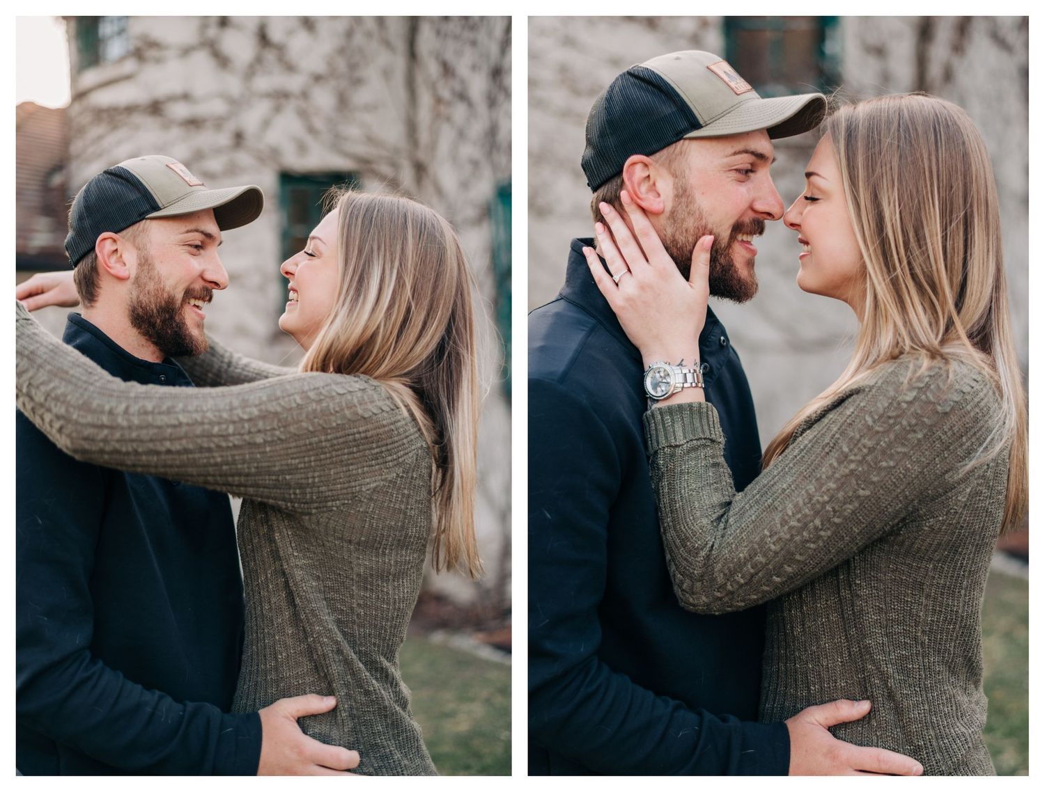 collage of engaged couple laughing and touching noses