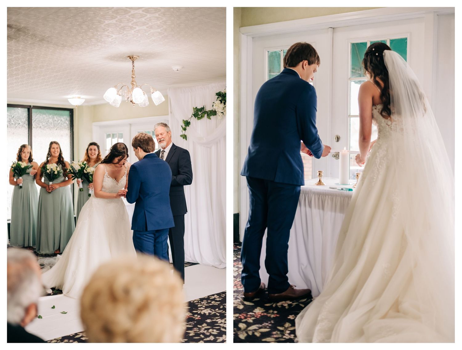 bride slips groom's ring on his finger, and unity candle during wedding ceremony