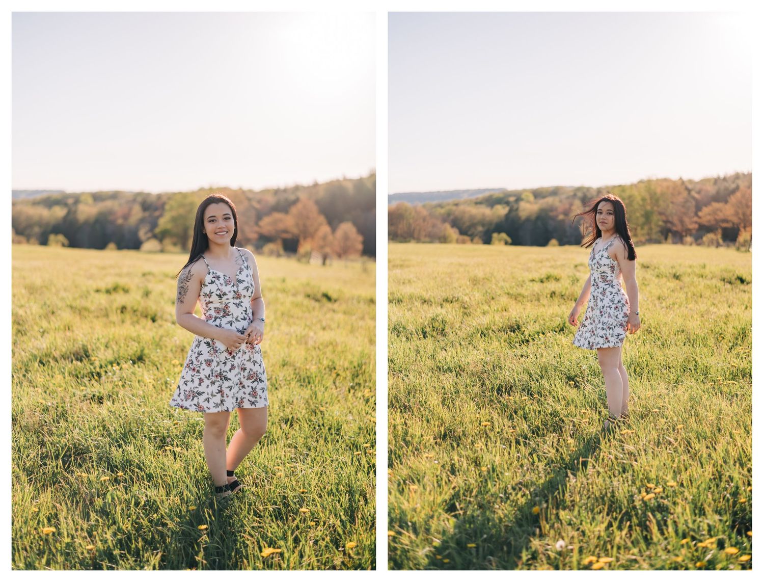 high school senior wearing a white dress standing in a hay field