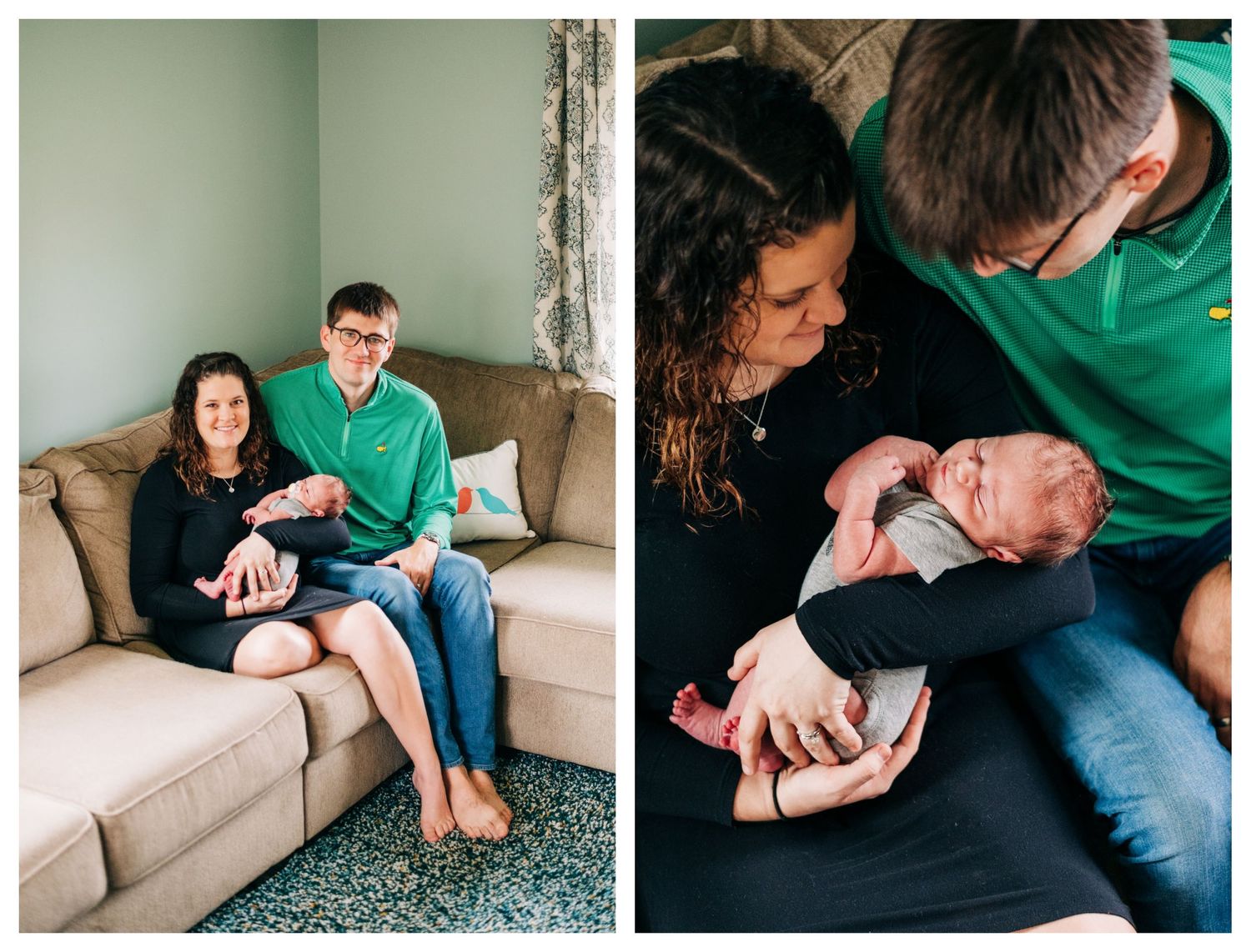 two photos of baby being held by his mother while father looks on