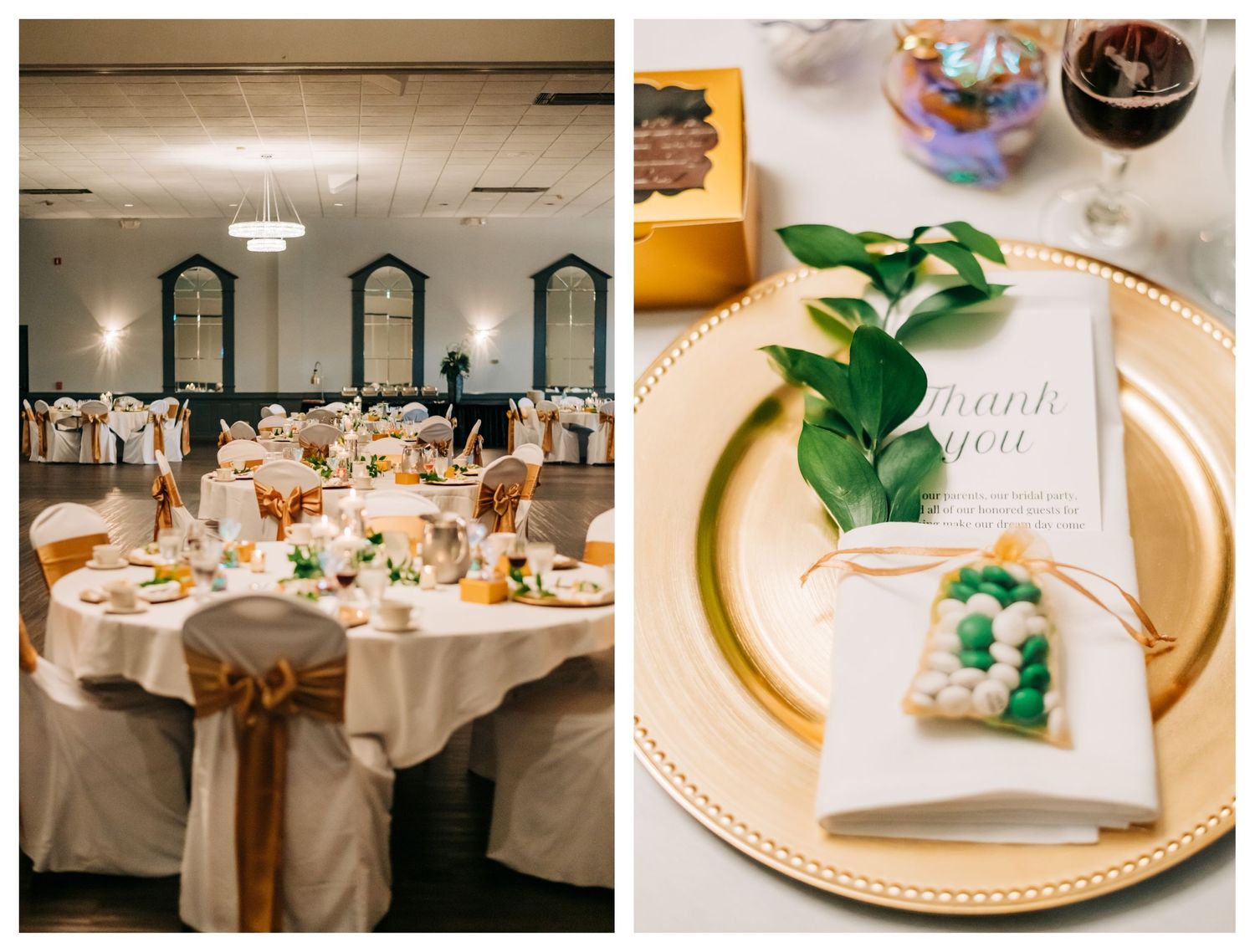 photo of reception tables set for guests, thank you card on each plate