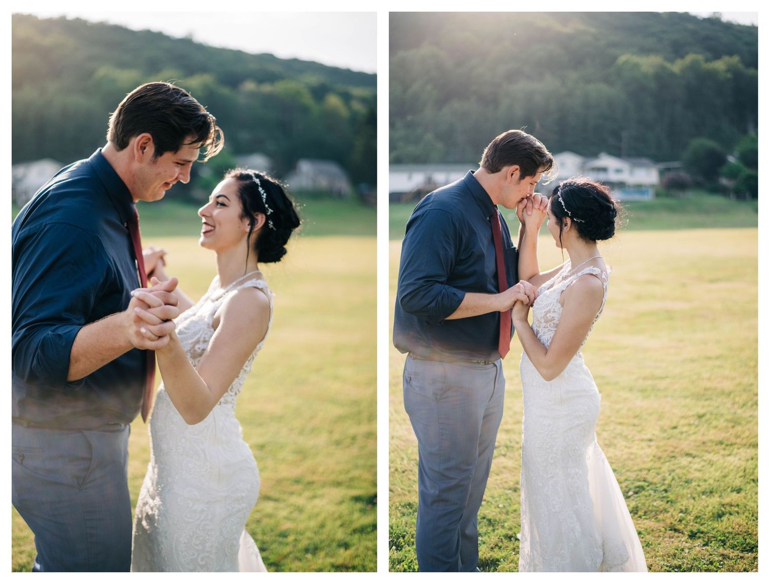 bride and groom at golden hour during their wedding reception
