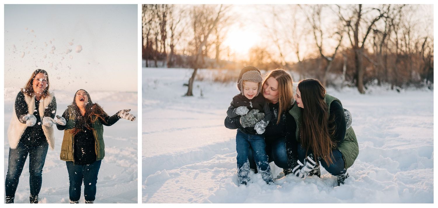 collage of sisters throwing snow into the air, and sisters snuggling their nephew in the snow at sunset
