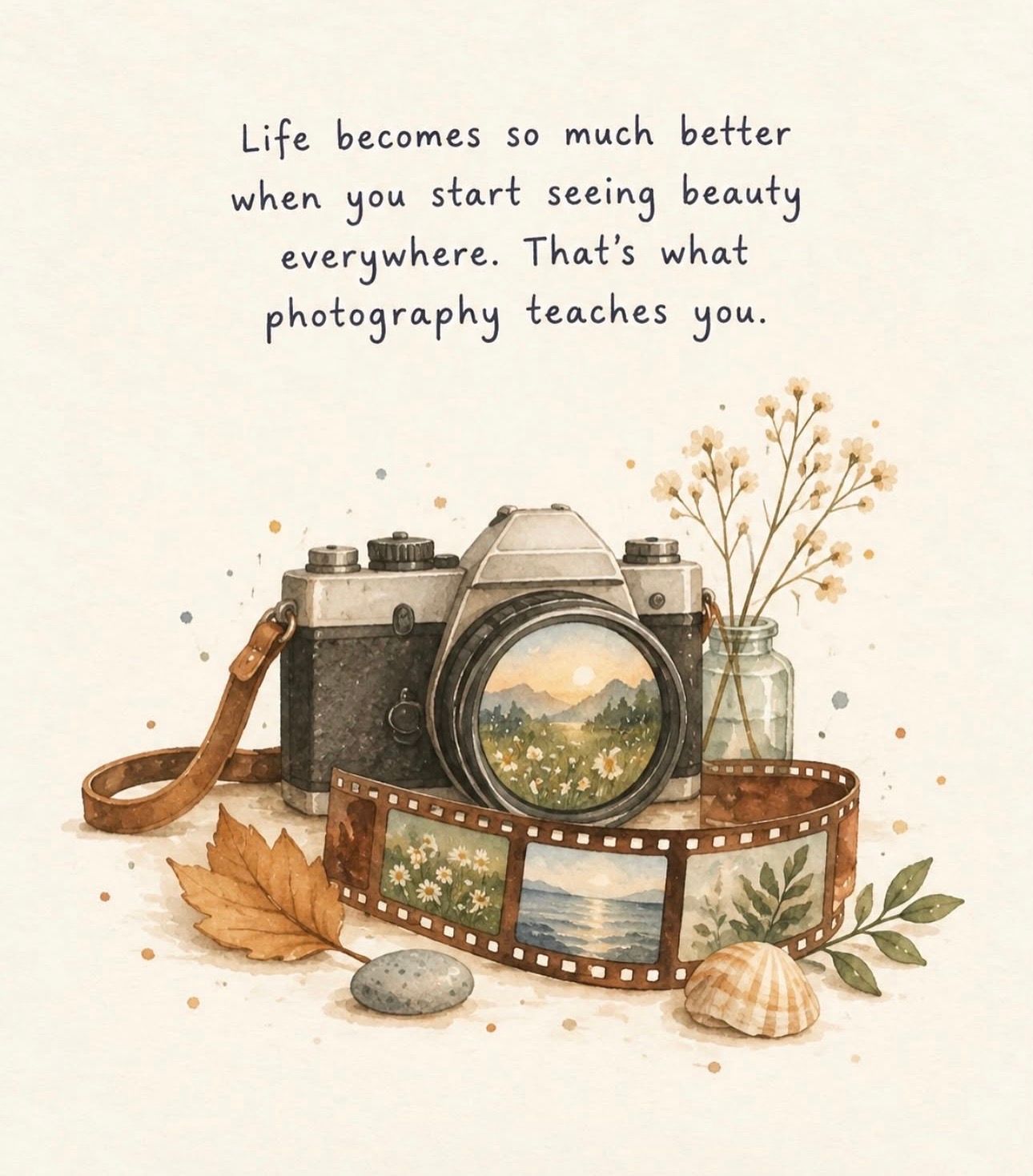 Watercolor vintage camera with film strip and quote about photography teaching beauty, surrounded by flowers and shells.
