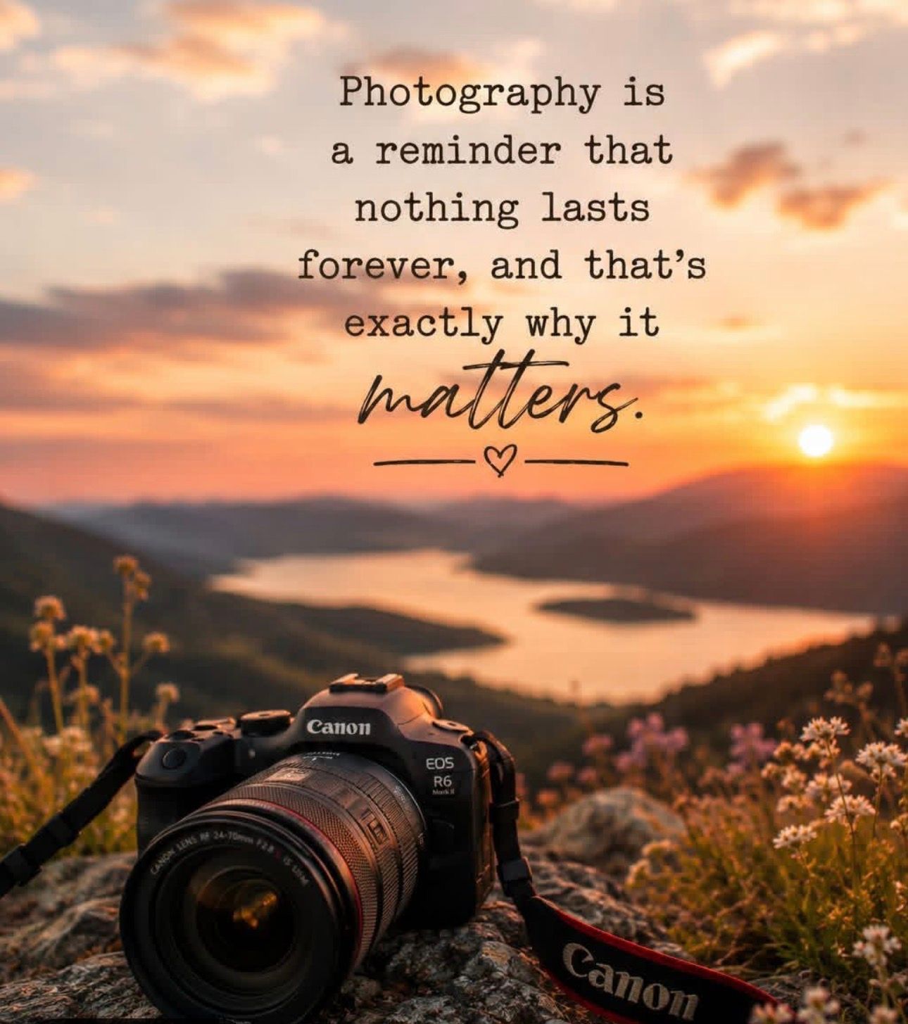 Canon DSLR camera on mountain overlook at sunset with inspirational photography quote about capturing fleeting moments.