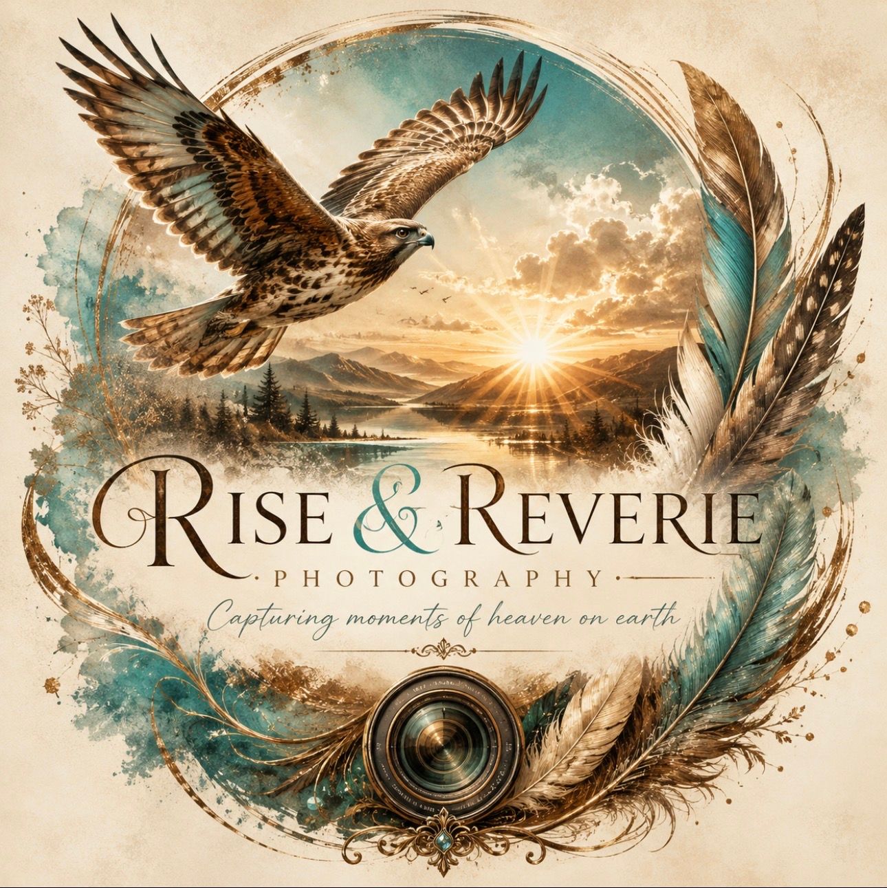 Rise & Reverie Photography logo featuring a hawk in flight, feathers, and a camera lens with mountain sunset.