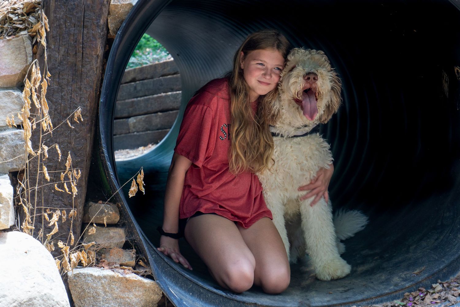Smiling girl in red dress hugging fluffy golden doodle dog inside a playground tunnel.