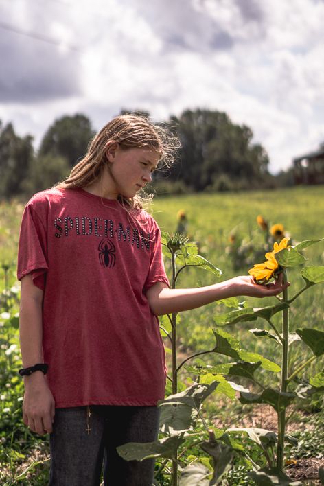 Teen girl in red Spider-Man shirt examining a yellow sunflower in a green field on a cloudy day.