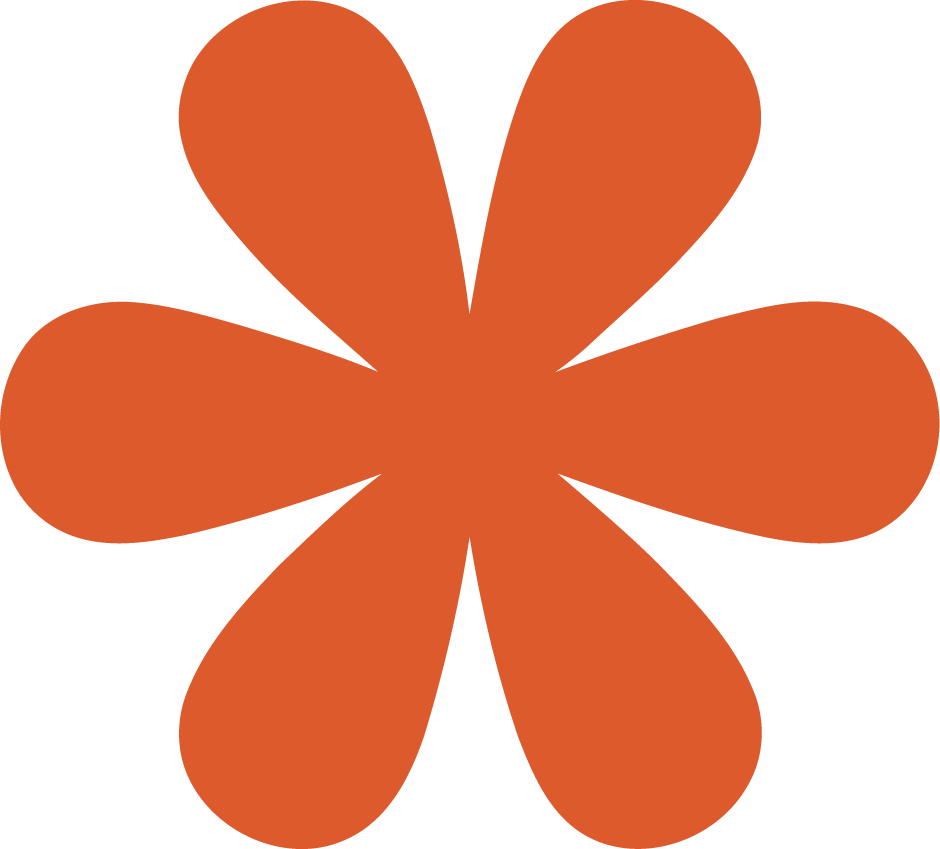 Bold orange retro flower graphic with six rounded petals on a white background.
