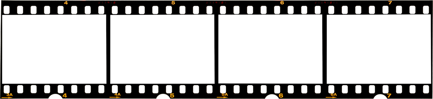 Classic 35mm film strip frame template with black borders and sprocket holes on white background.